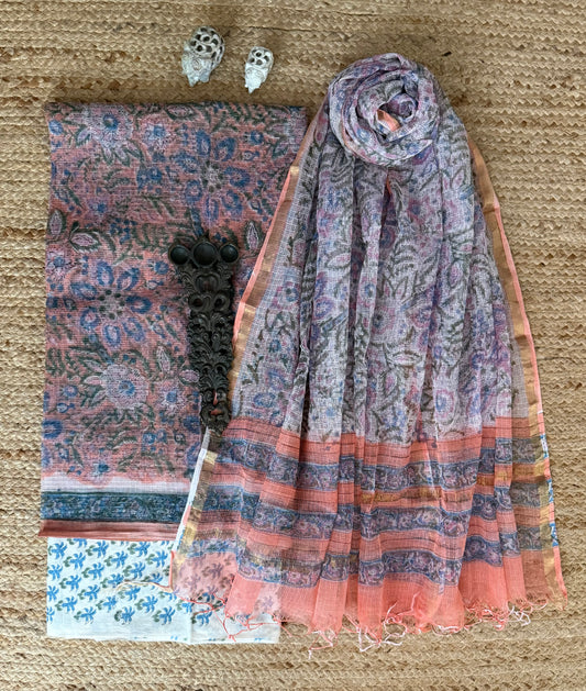 SALMON PINK TURQUOISE KOTA HANDBLOCK SUIT SET