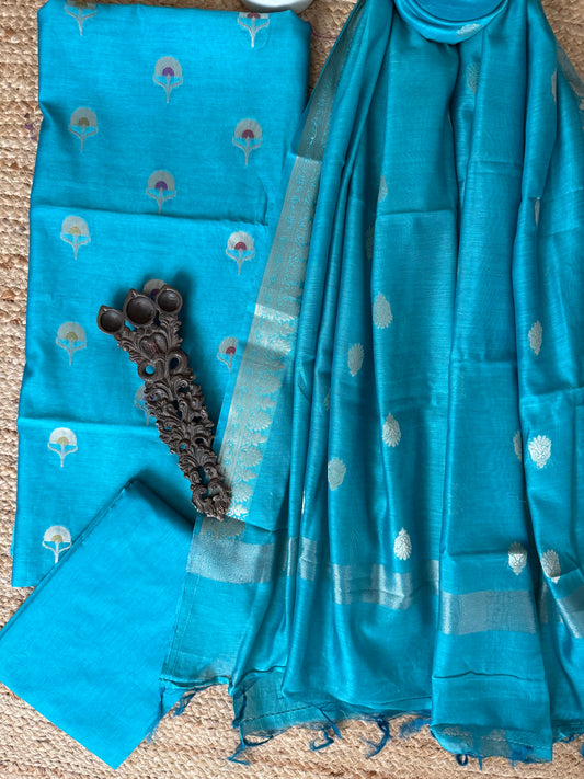 Cyan Blue chanderi handloom  banarsi booti three piece suit