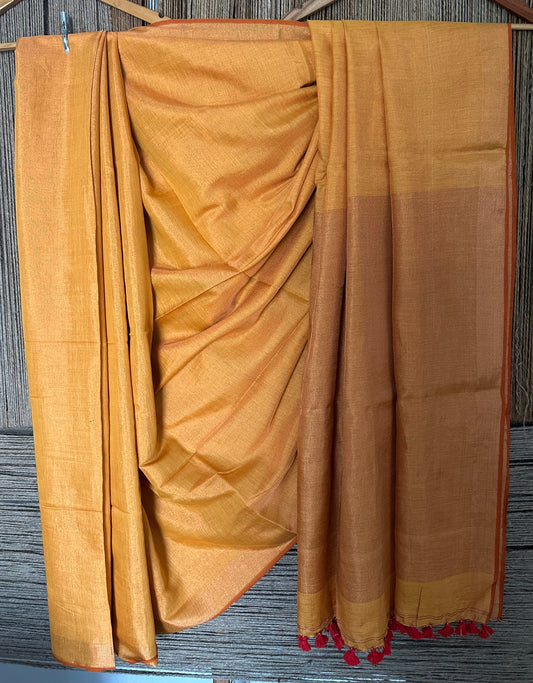 SANDALWOOD YELLOW GOLD TISSUE LINEN ZARI SARI WITH WOVEN RED BORDER