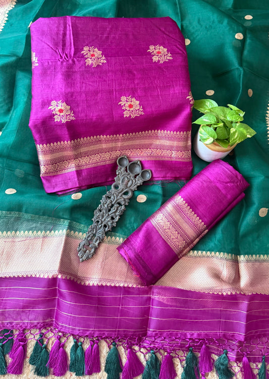 Mardi Gras Purple raw silk certified handloom banarsi kadwa butti with woven zari three piece suit