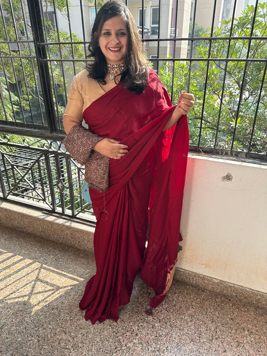 MAROON SOLID MODAL SILK SARI WITH ZARI BORDER