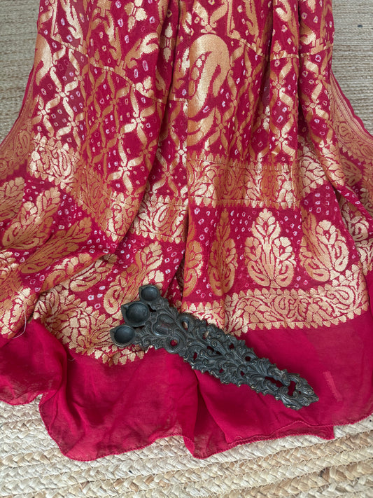 Strawberry Red handwoven neemzari bareek bandhani in khaddi georgette dupatta  bd-1081