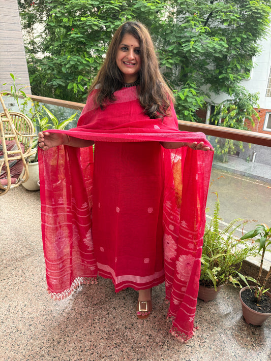 RED PINK PURE JAYSHREE  LINEN JAMDANI HANDWOVEN KURTA SET