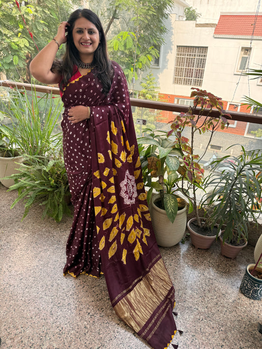 WINE MAROON MODAL SILK HANDKNOTTED   BANDHANI SHIBORI SARI bss-2