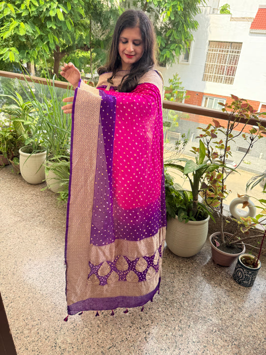 Hot  pink & purple Ombie Handwoven NeemZari Bareek Bandhani in Khaddi Premium Georgette dupatta