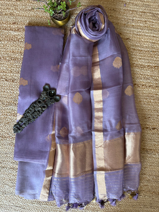 Heather purple Kora silk certified handloom Banarsi kadwa Booti three piece suit