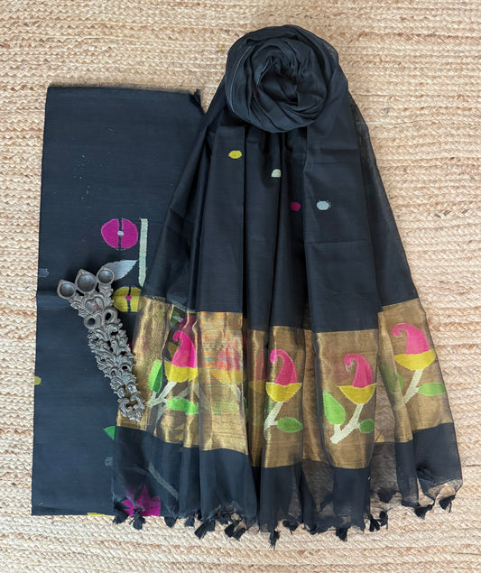 Soft Black handwoven jamdani pure cotton silk kurta set mjk-