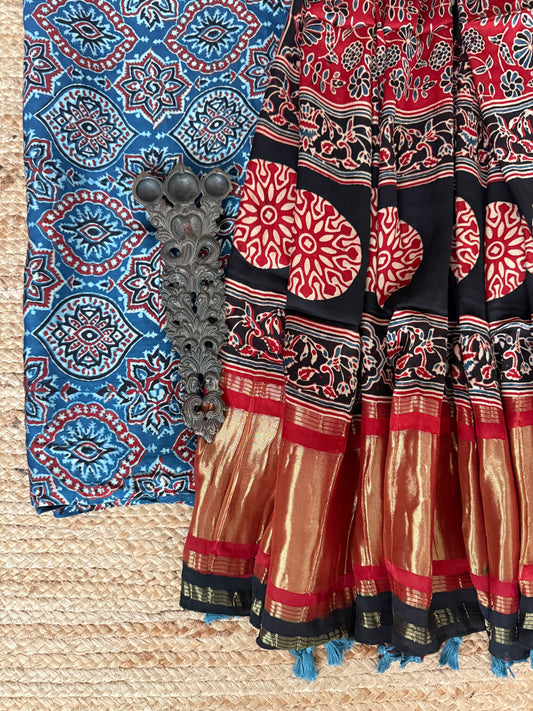 Blue Modal Silk Kurta With Maroon Ajrakh Handcrafted Modal Silk Dupatta