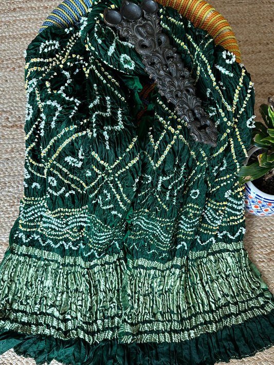 GREEN SMALL BANDHANI DUPATTA IN GHARCHOLA DESIGN WITH NAKSHI BORDER