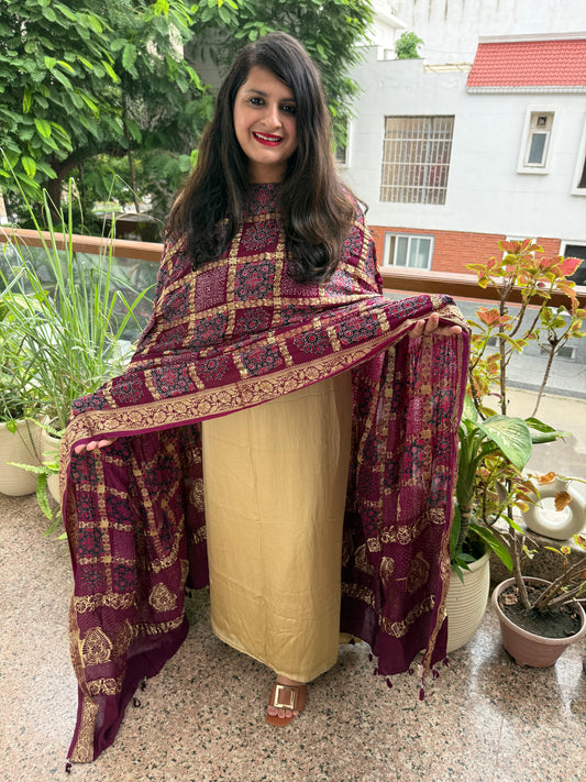 BEIGE GOLDEN SOLID MODAL SILK SUIT WITH AJRAKH  GHARCHOLA HANDCRAFTED MODAL SILK DUPATTA  ps-230