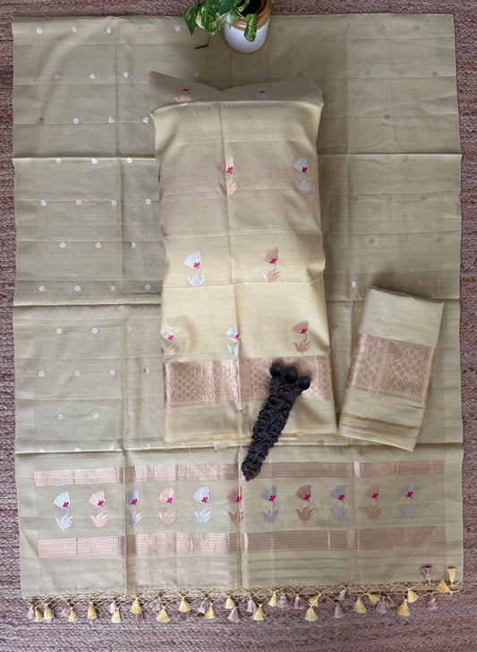 Straw Yellow mull cotton certified handloom banarsi kadwa booti three piece suit