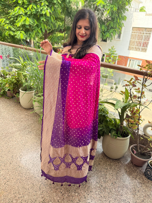 Hot  pink & purple Ombie Handwoven NeemZari Bareek Bandhani in Khaddi Premium Georgette dupatta