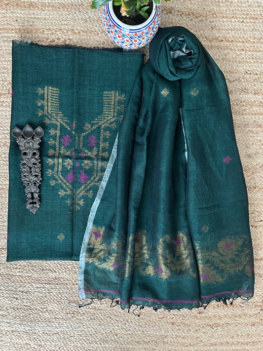 DARK GREEN JAMDANI LINEN  KURTA SET LJS-1053