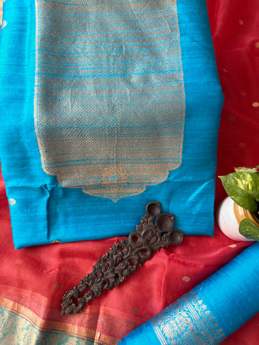 TURQUOISE BLUE RAW SILK CERTIFIED HANDLOOM BANARSI KADWA BUTTI WITH WOVEN ZARI THREE PIECE SUIT