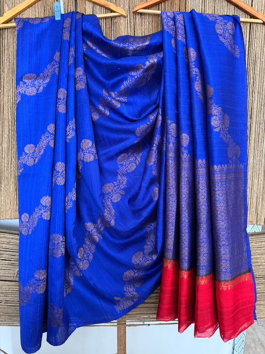 Azure Blue Raw Silk Certified  Handloom Banarsi sari With Woven Zari