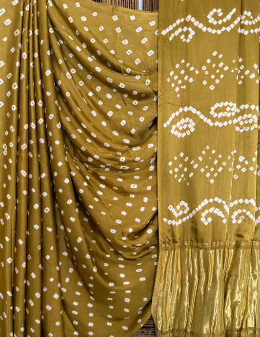 Olive Green modal  silk dot bandhani sari