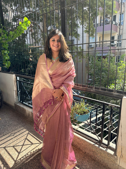 LAVENDER PINK  BANARASI ZARI CRUSHED TISSUE SARI