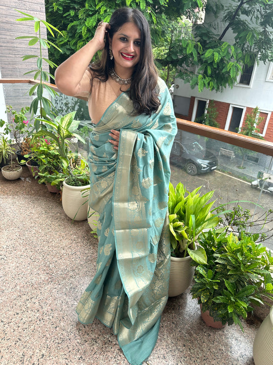 PINE GREEN BANARASI MUGA  SILK CERTIFIED ZARI WOVEN  SARI