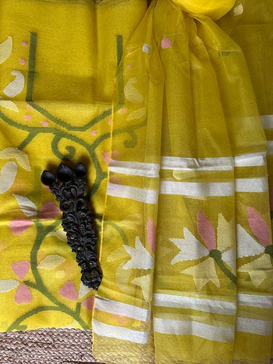 NEON YELLOW HANDWOVEN JAMDANI PURE MUSLIN SILK KURTA SET MJK-39
