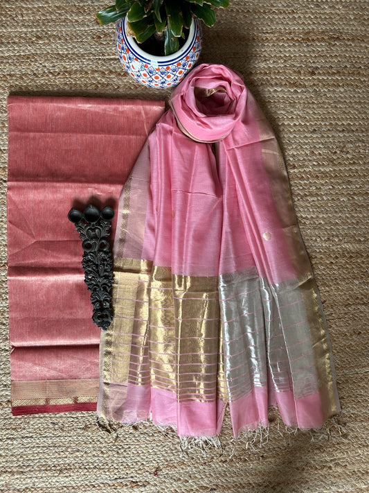 GOLDEN  LIGHT PINK TISSUE  MAHESHARI SILK HANDLOOM KURTA SET