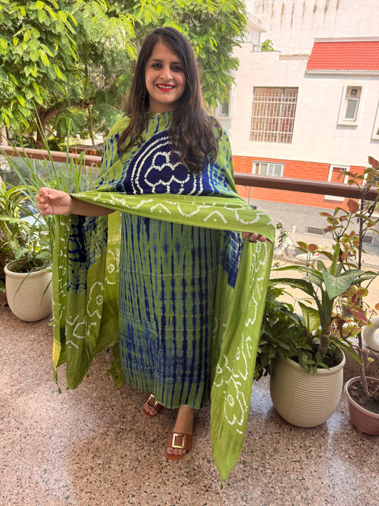 Green & Blue Modal Silk Shibori Kurta with Bandhani Shibori  handcrafted Modal Silk Dupatta