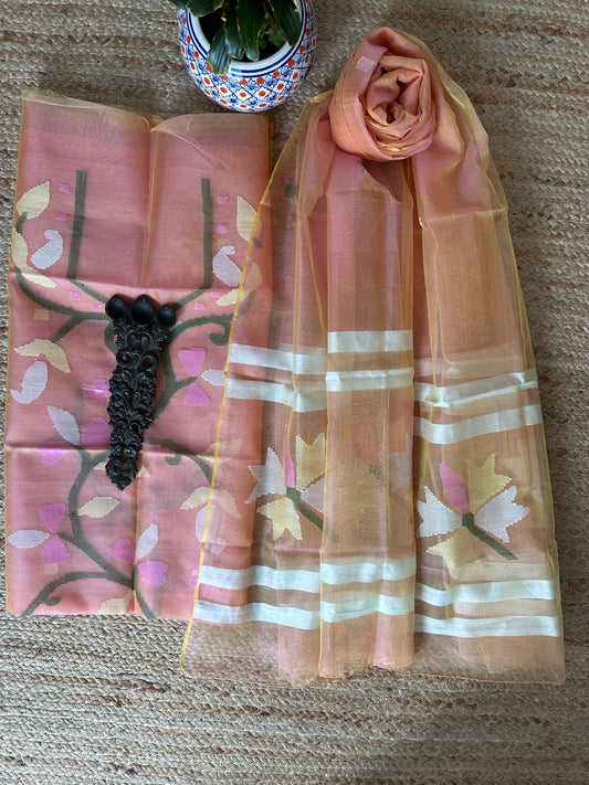 CREAMY PEACH HANDWOVEN JAMDANI PURE MUSLIN SILK KURTA SET MJK-60