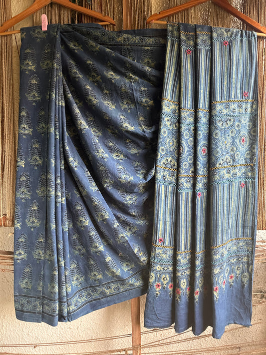 BLUE COTTON AJRAKH HANDEMBROIDERY SARI