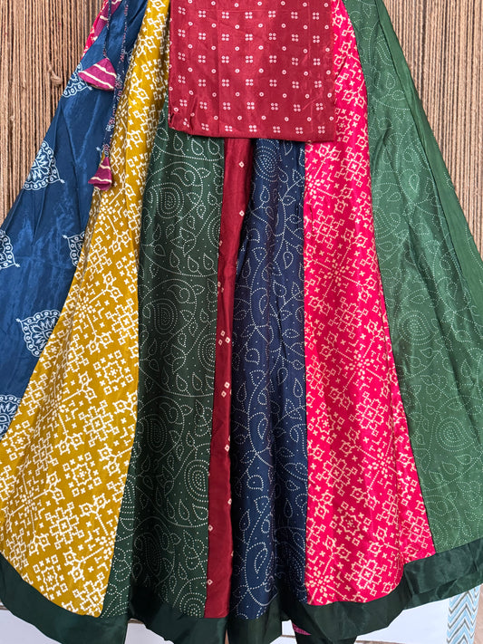 Maroon mashru silk blouse-with Multicolour patchwork  handcrafted mashru silk Skirt