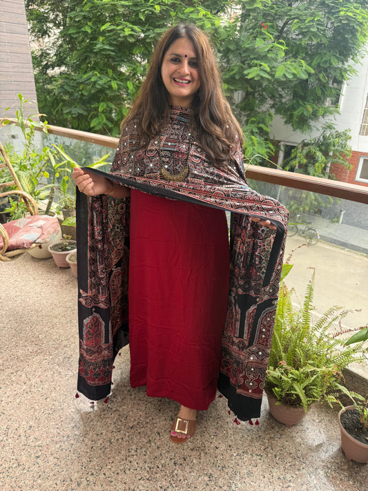 Maroon Modal Silk Kurta With Black Ajrakh Handcrafted Mirror Work Modal Silk Dupatta