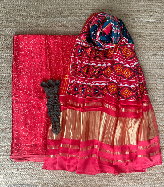 Red mashru silk kurta with patola handcrafted modal silk dupatta ps-235