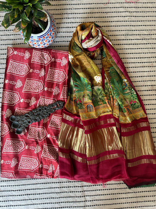 MAROON  MASHRU  SILK KURTA WITH PATOLA PRINT MODAL SILK DUPATTAS