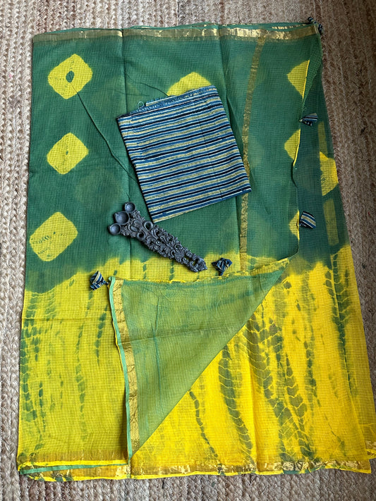 GREEN MUSTARD KOTA SHIBORI DORIA  HANDBLOCK SARI