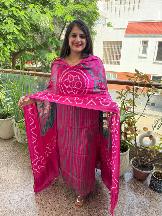 Pink & Green Modal Silk Shibori Kurta with Bandhani Shibori  handcrafted Modal Silk Dupatta