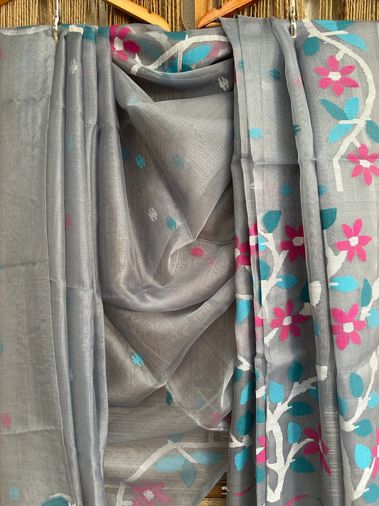 GREY JAMDANI HANDWOVEN PURE MUSLIN SILK SARI