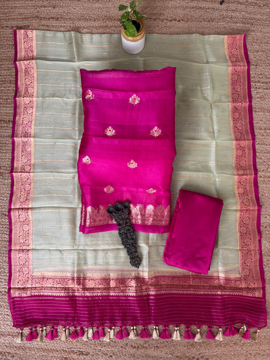 Bright Pink kora silk certified handloom banarsi kadwa booti meenakari three piece suit