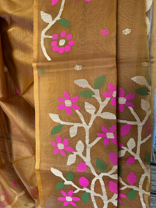 SIENNA BROWN JAMDANI HANDWOVEN PURE MUSLIN SILK SARI MJS 36