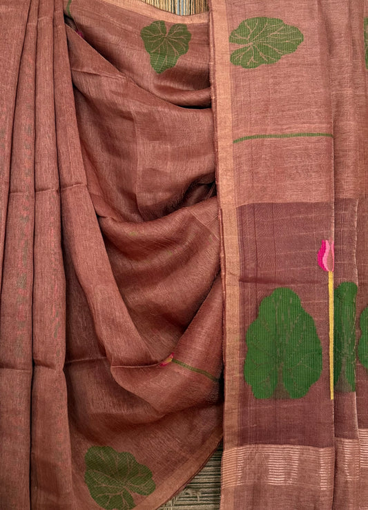 COPPER BROWN COPPER TISSUE LINEN JAMDANI HANDWOVEN SARI WITH ELEGANT WOVEN MOTIFS