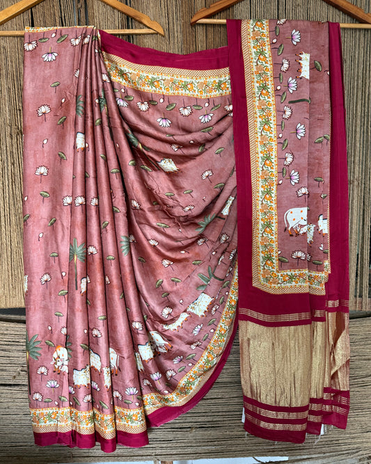 Light maroon pichwai modal silk print sari with zari border pms- 1033