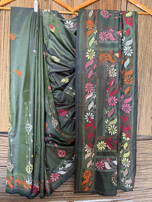 BEAUTIFUL COLOURFUL HAND KANTHA WORK ON BANGALORE BLENDED SILK SEAWEED GREEN COLOUR SARI WITH BLOUSE