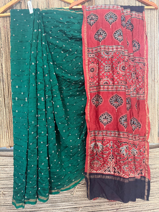 GREEN CHANDERI SILK BANDHANI HANDCRAFTED AJRAKH SARI