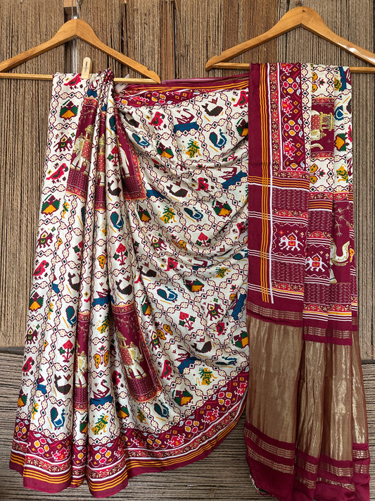 CREAM AND MAROON  PATOLA MODAL SILK PATOLA PRINT SARI WITH ZARI BORDER