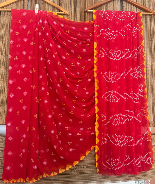 Poppy Red Bandhani handcrafted  chiffon sari