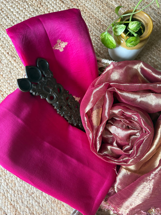 PINK KORA SILK CERTIFIED HANDLOOM BANARSI KADWA BOOTI THREE PIECE SUIT