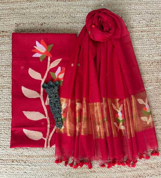 Cherry Red handwoven jamdani pure cotton silk kurta set mjk