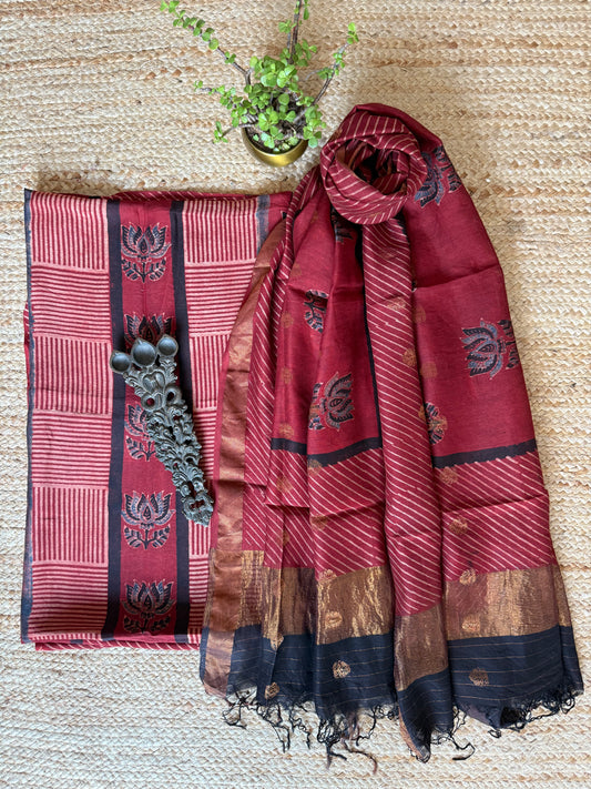 MAROON AJRAKH CONTEMPORARY CHANDERI SILK HANDBLOCK KURTA SET  WITH  COIN  BUTTA DUPATTA