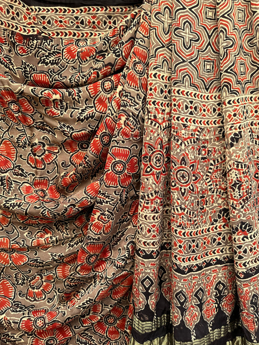 CHIKOO Brown MODAL SILK AJRAKH ZARI BORDER SARI