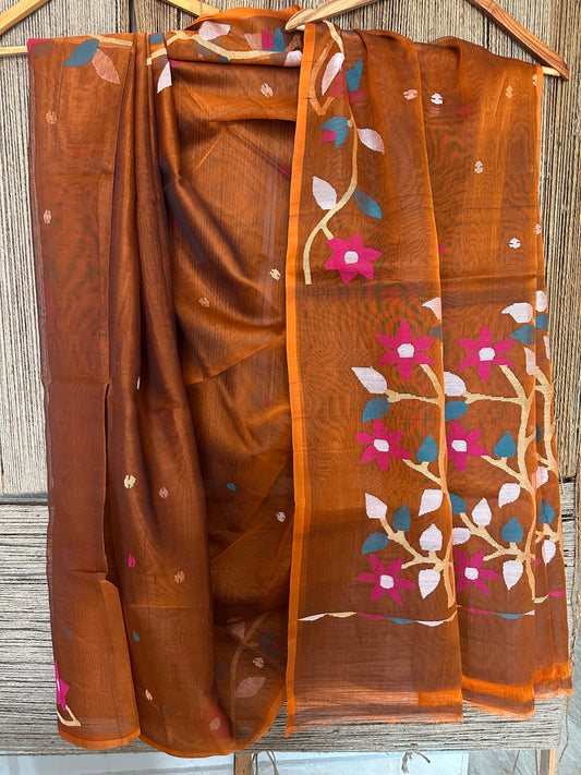 BRONZE  BROWN JAMDANI HANDWOVEN PURE MUSLIN SILK SARI