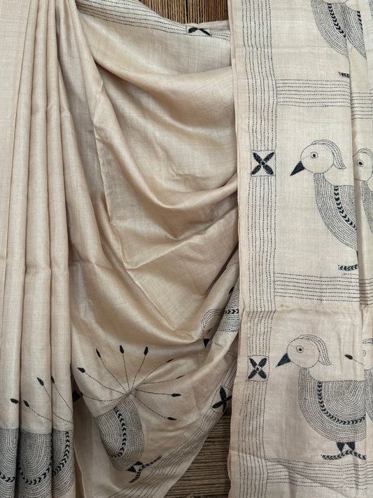NATURAL BEIGE WITH  THREAD HAND EMBROIDERY KANTHA WORK TUSSAR SILK SARI