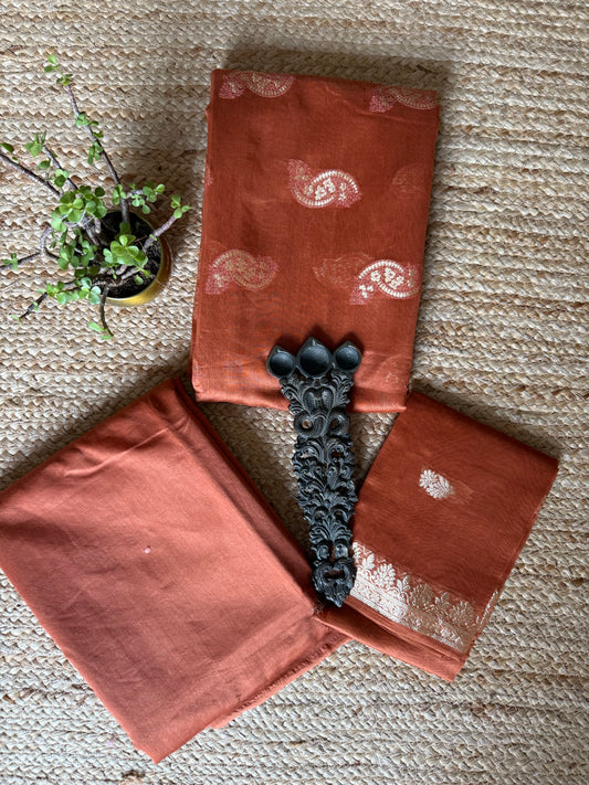 Sienna Brown Chanderi handloom Banarsi Booti three piece suit