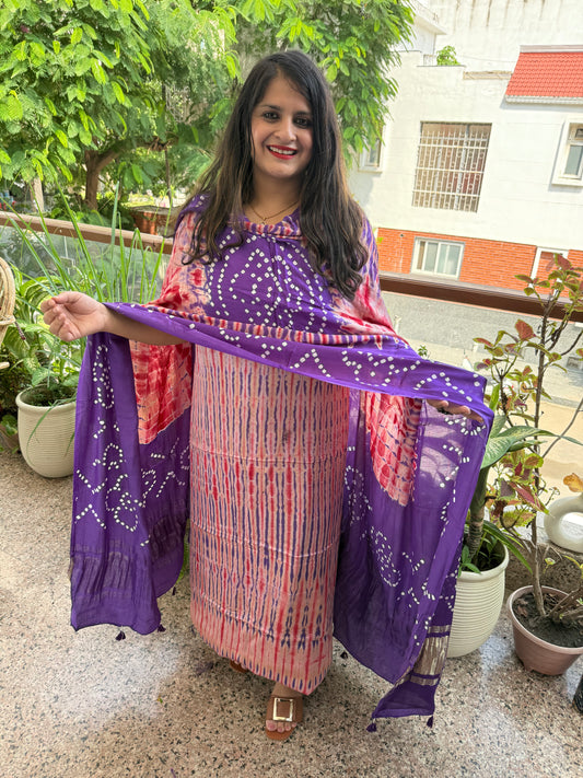 Purple & peach Modal Silk Shibori Kurta with Bandhani Shibori  handcrafted Modal Silk Dupatta